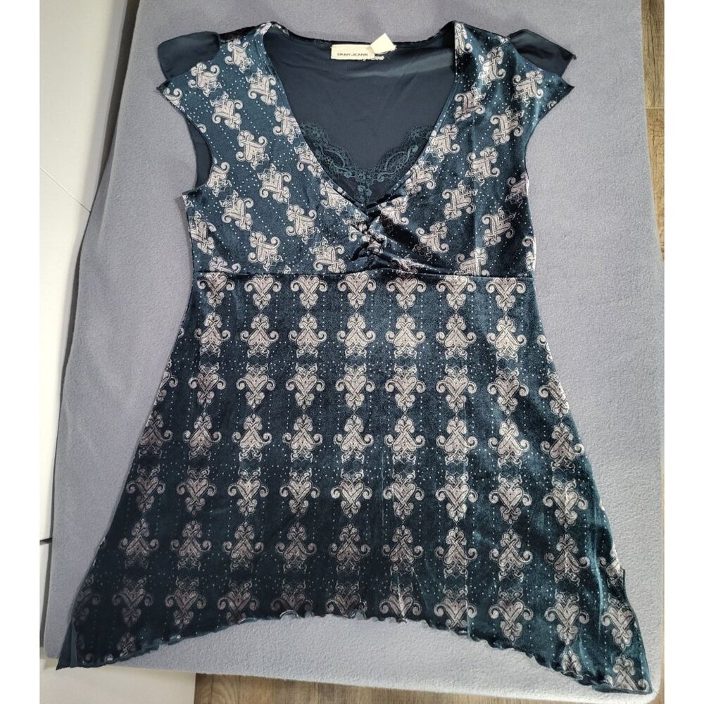 DKNY Velvet Print Lace Top Green Goth Whimsigoth Grunge Y2K Size Small